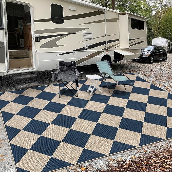 GarveeHome Checkered Easy Jute 3x5 Entryway Rug Machine Washable Outdoor Patio Rug Non-Slip Backing Checkerboard Indoor Outdoor Carpet for Hallway Bathroom Kitchen Bedroom Navy Blue