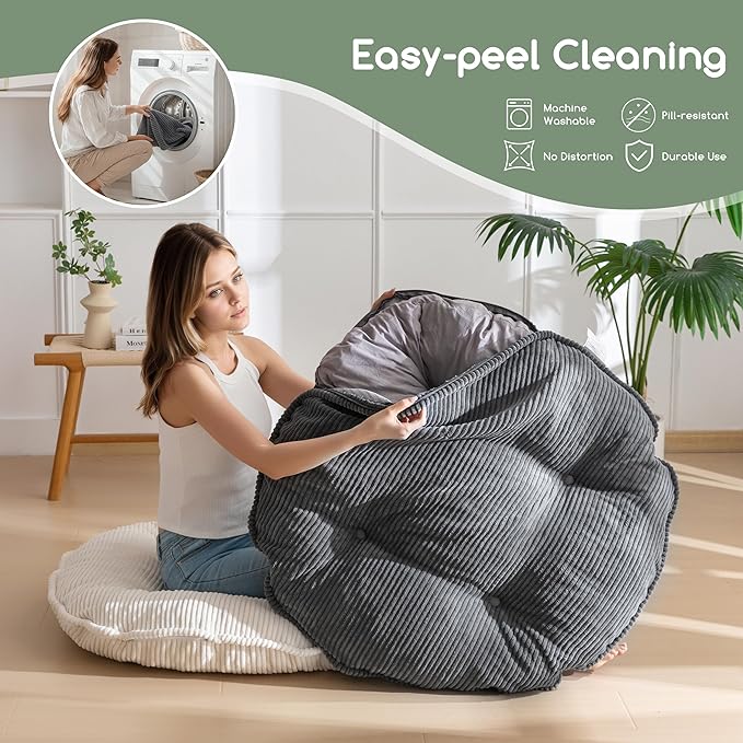 35" Washable Floor Pillow Cushion for Adults, Meditation Cushion Pillow, Extra Large Round Floor Sitting, Removable Tufted Corduroy Cover, for Tatami Living Room or Yoga, Dark Grey, Machine Washable