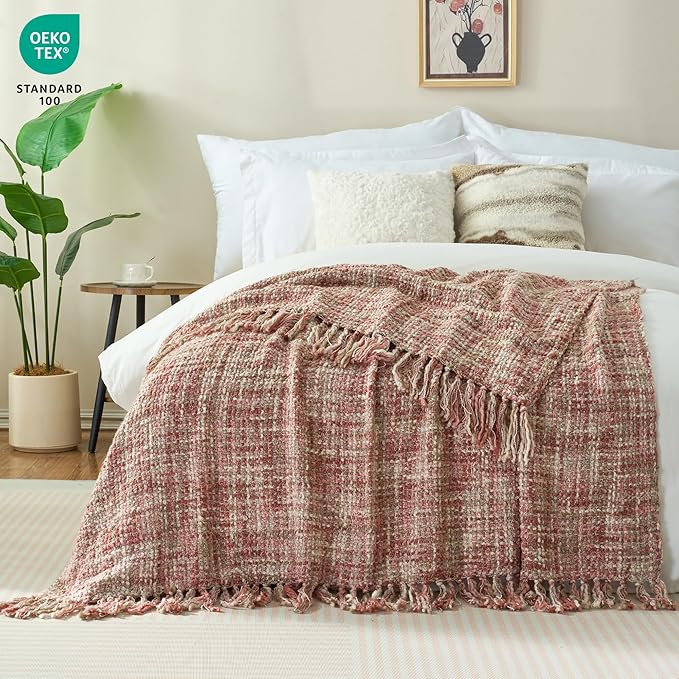 Multi-Color Light Pink Cable Woven Throw Blanket for Couch,50"X60" Boho Style Textured Blankets for Home Decor,Super Soft Warm Cozy Chunky Blanket with Decorative Tassels for Bed
