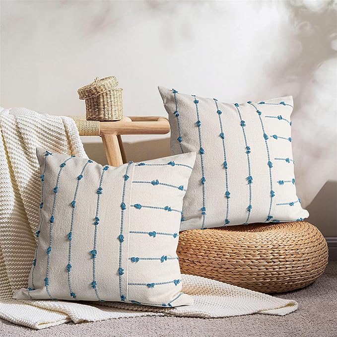 AELS 18x18 Decorative Boho Linen Throw Pillow Covers, Modern Farmhouse Textured Pillow Case, Set of 2, Tufted Stitch Stripe Cushion Cover for Bed Sofa Couch Living Room (Cover ONLY), Blue