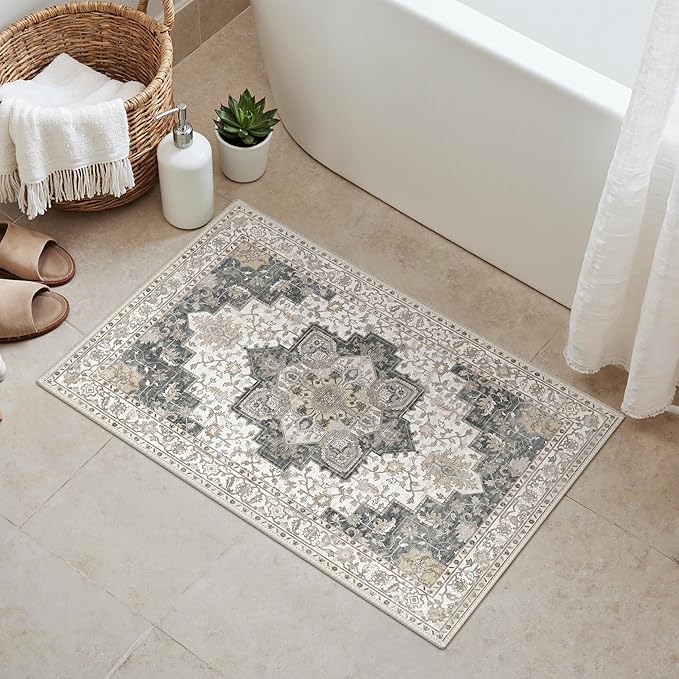 GENIMO Area Rug 2x3 Doormat, Machine Washable Low Pile Rugs, Small Retro Chenille Entryway Mat for Entrance, Hallway, Kitchen and Corridor, Heathered Grey