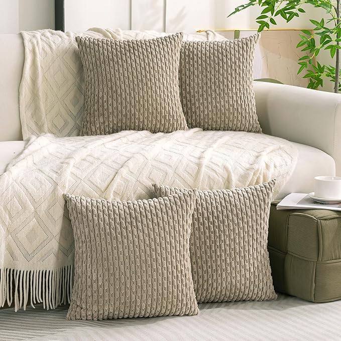 Set of 4 Taupe Decorative Throw Pillow Covers 20x20 Inch Corduroy Pillow Covers for Bed Couch Sofa Living Room Soft Square Cushion Cases