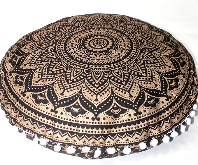 CRAFT KALA Boho Large Floor Pillow Pouf Cover Mandala Meditation Room Pillow Cover for Adults Round Bohemian Seating Pouf Cushion Cover for Kids Playroom 22" Black Gold Ombre