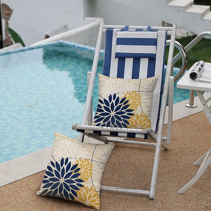 Outdoor Pillow Covers 20x20 Inch Set of 2 Navy Blue Yellow Outdoor Waterproof Decorative Throw Pillows Summer Spring Decor for Home Patio Funiture Garden Living Room Polyester Cushion Covers 01G20