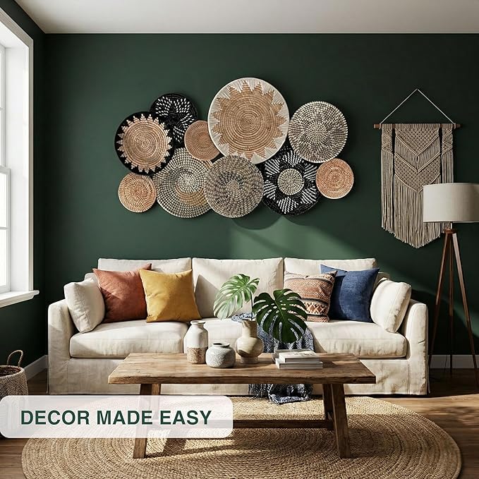 Set of 10 Woven Basket Wall Decor, Decorative Plates for Wall, Unique Wicker Wall Art Decor, Decorative Baskets for Livingroom Bedroom