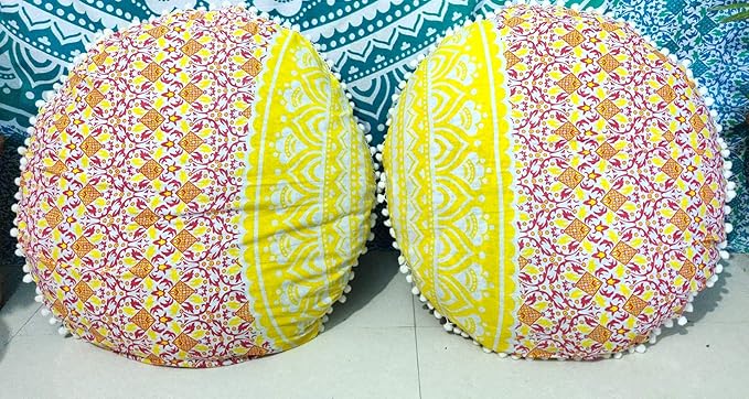 CRAFT KALA Mandala Floor Pillow Cushion Cover Seating Throw Cover Hippie Decorative Bohemian Ottoman Pouf Pom Pom Pillow Cases Boho Indian Cotton Living Yoga Home Décor 24: Round Set Of 2 Yellow Ombre