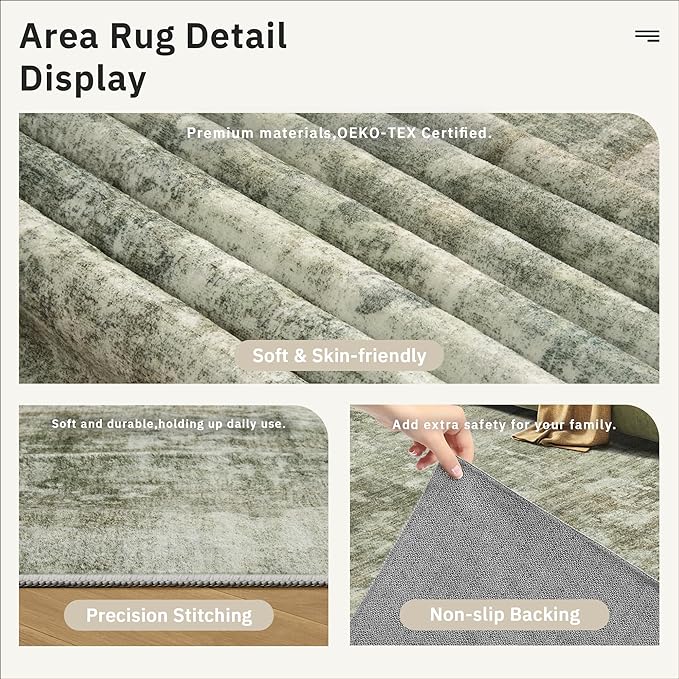 Abstract Rug 5x7 Machine Washable Area Indoor Green Black Low Pile Non-Slip Foldable Thin Accent Rugs for Bedroom Living Room Dining Room
