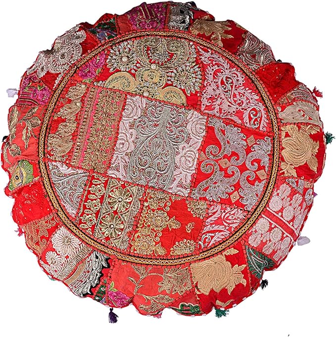 Indian Handmade Patchwork Codework Red Round Pouf Cover Ottoman Floor Pillow Cushion Seating Throw Decorative Pom Pom Pillow Cases Boho 32 Inches,BFPC0108