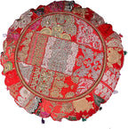 Indian Handmade Patchwork Codework Red Round Pouf Cover Ottoman Floor Pillow Cushion Seating Throw Decorative Pom Pom Pillow Cases Boho 32 Inches,BFPC0108