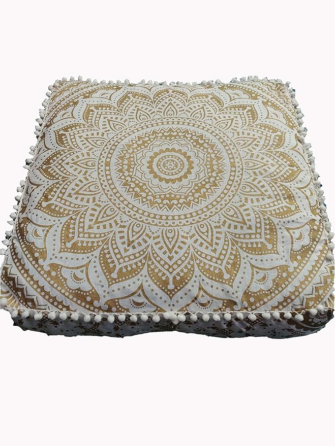 Gold Mandala Barmeri Large Floor Pillow Cover Cushion Meditation Seating Ottoman Throw Cover Hippie Decorative Zipped Bohemian Pouf Ottoman Poufs, Pom Pom Pillow Cases (White Gold, 24" Square)