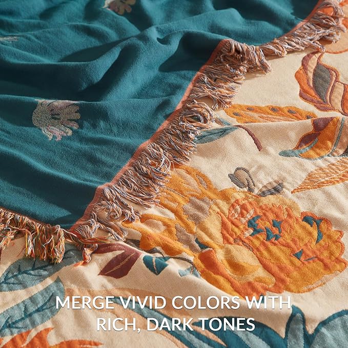 Boho Throw Blanket for Couch Sofa Bed, 100% Cotton Woven Quilt with Tassel 60”x80”, Super Soft Muslin Blanket with Floral Printed, Decorative Reversible Bed Blanket/Cover for All Seasons
