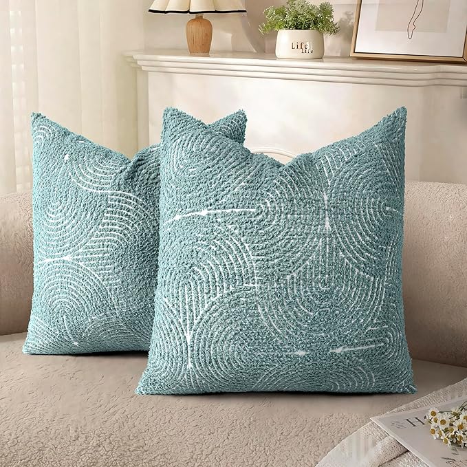 AELS Boho Decorative Textured Throw Pillow Covers 18x18, Modern Mid Century Rainbow Tufted Pillow Case, Farmhouse Rustic Geometric Woven Cushion Case for Bed Couch Sofa, Green