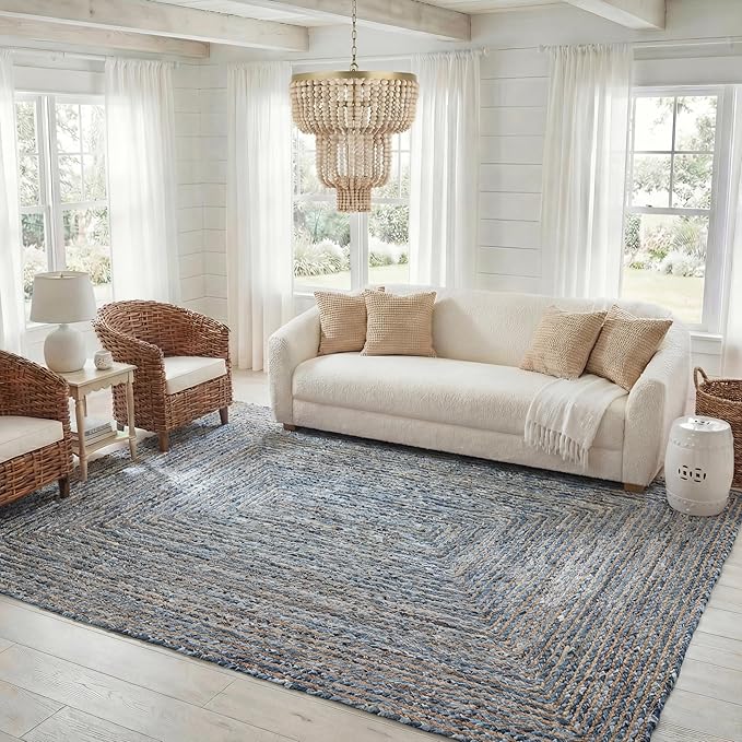 SAFAVIEH Area Rug 8x10 - Cape Cod Collection - Large - Blue & Natural Brown, Handmade Jute & Cotton, Woven Braided Design (CAP202M)