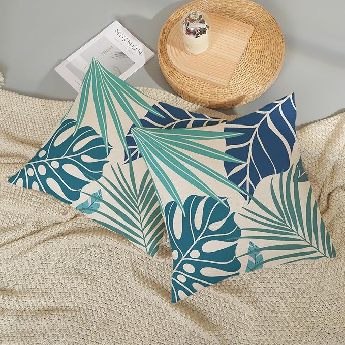 Tropical Pillow Covers 16x16 Set of 2 Navy Blue Aqua Teal Monstera Palm Leaf Pillowcase Summer Decorations Tropical Outdoor Throw Pillows Linen Decor Botanical Plant Cushion Case for Home Bed