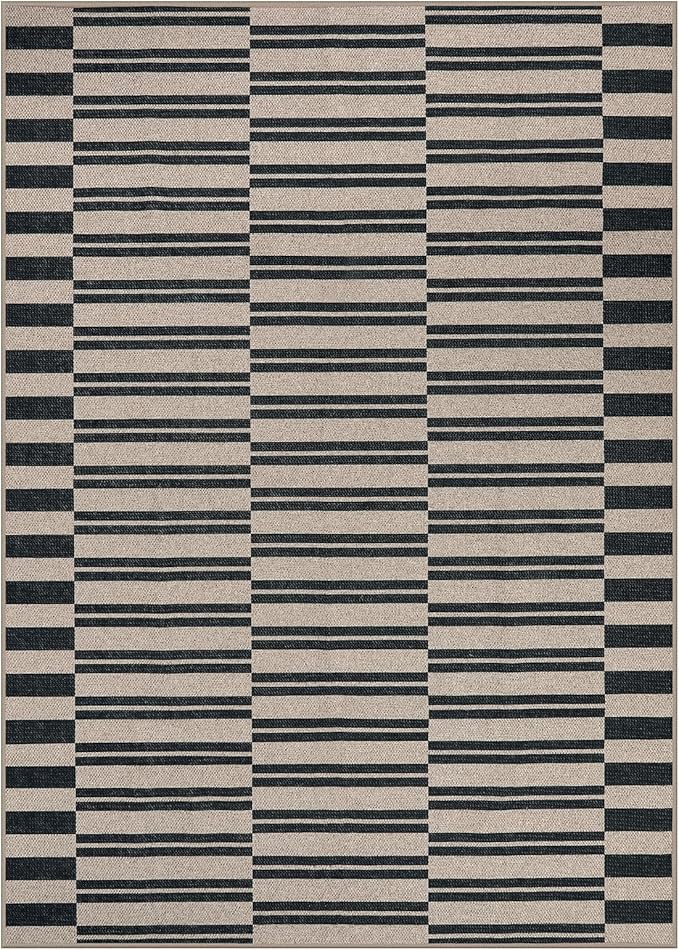 Lahome Elance Striped Easy Jute Rug, 5x7 Outdoor Patio Rug Neutral Dining Room Rug Indoor Outdoor Carpet, Farmhouse Washable Non Slip Black Carpet for Backyard Living Room Office Deck