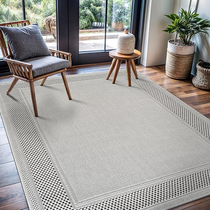 CAMILSON Easy Jute Rug 6x9, Indoor Outdoor Off-White Color Fiber Area Rugs for Entry, Living Room and Farmhouse Rug, Bordered Boho Woven Design, Easy-Cleaning, Washable Outside Carpet (6 x 9)