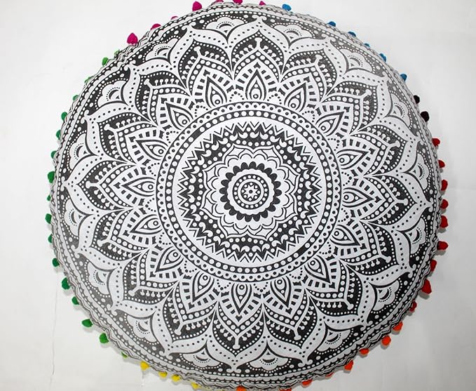 CRAFT KALA Large Round Bohemian Floor Pillow Pouf Cover Mandala Meditation Room Pillow Cover for Adults Boho Seating Poufs Cushion Cover for Kids Playroom 32" Round Grey Ombre