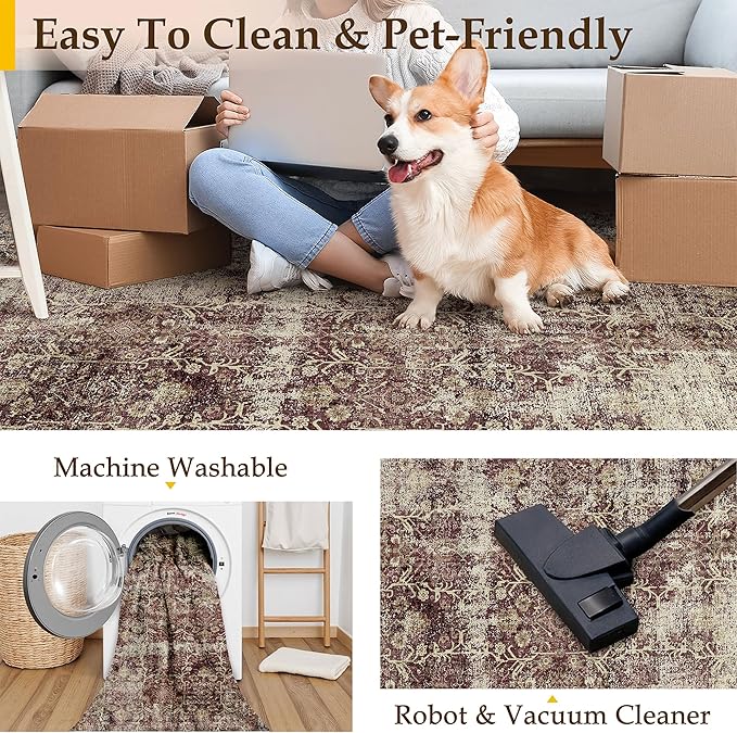 Vintage Area Rug 5x7 Rust Red Washable Living Room Large Carpet Non Slip Bedroom Indoor Office Low Pile Traditional Distressed Retro Accent Rug for Dining Room Bathroom Kitchen