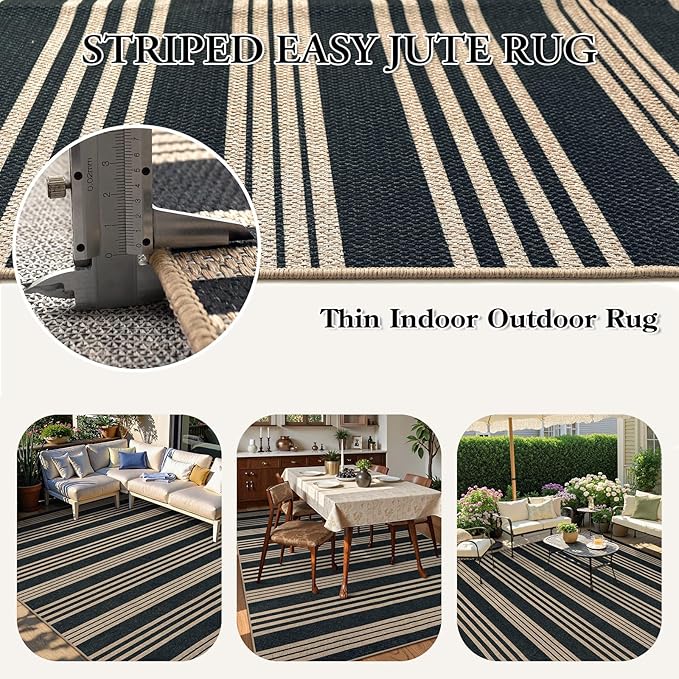 Lahome Elance Striped Easy Jute Rugs for Living Room, 6x9 Washable Indoor Outdoor Patio Rug, Neutral Thin Non Slip Non Shedding Black Dining Room Carpet for Under Table Mudroom Classroom