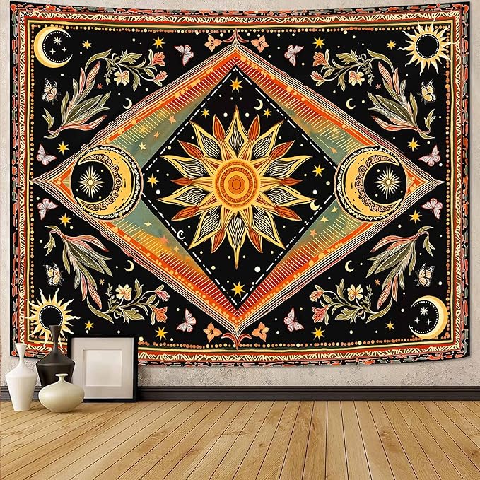 Accnicc Hippie Sun and Moon Tapestry Boho Mandala Floral Wall Tapestry for Bedroom Aesthetic Vintage Plant Celestial Colorful Large Tapestries Wall Hanging for Dorm Living Room Decor 80 x 60 Inch