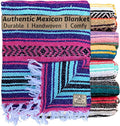 Del Mex Classic Mexican Blanket, Large Authentic Woven Falsa Throw (70"x50"), Artisan Southwest Décor for Beach, Yoga, Outdoors (Pink/Purple/Mint)