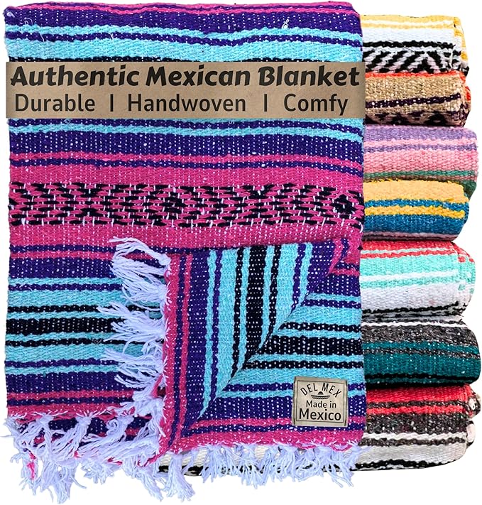 Del Mex Classic Mexican Blanket, Large Authentic Woven Falsa Throw (70"x50"), Artisan Southwest Décor for Beach, Yoga, Outdoors (Pink/Purple/Mint)