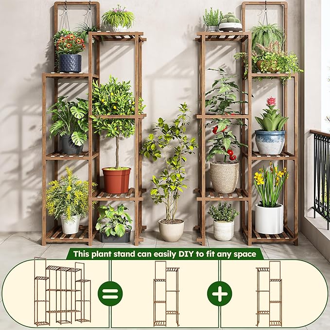 EnHomee 13 Tiers Plant Stand, Indoor Plant Stand with 18-22 Pots, Wood Plants Shelves for Living Room, Patio, Balcony, Yard, Garden, 56''W×11.6''D×47''H