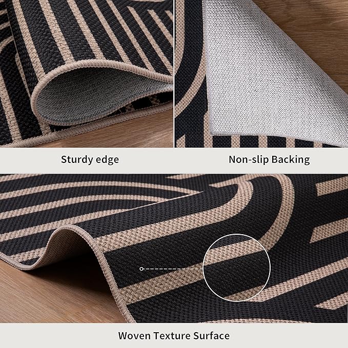 Tangsoo Easy Jute 4x6 Washable Rug for Outdoor Patio,Non-Slip Black Area Rug Thin Indoor Outdoor Carpet,Boho Farmhouse Throw Mat for Front Porch Bedroom Foyer