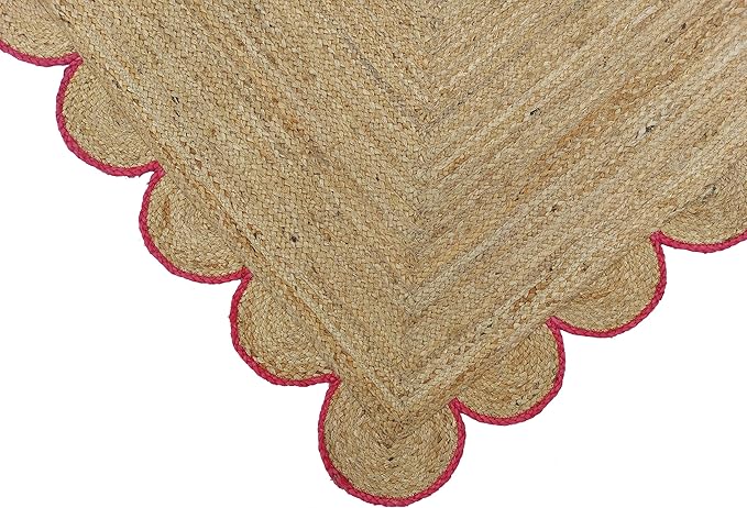 Scalloped Natural Jute Area Rug, Pink Trim, 3'x5'