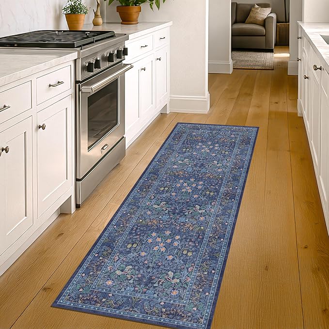 Non Slip 2x7 Dark Blue Entryway Runner Washable - Long Runner Rugs for Kitchen, Hallway, Bathroom, Bedroom Bedside - Dusky Navy Vintage Floral Décor