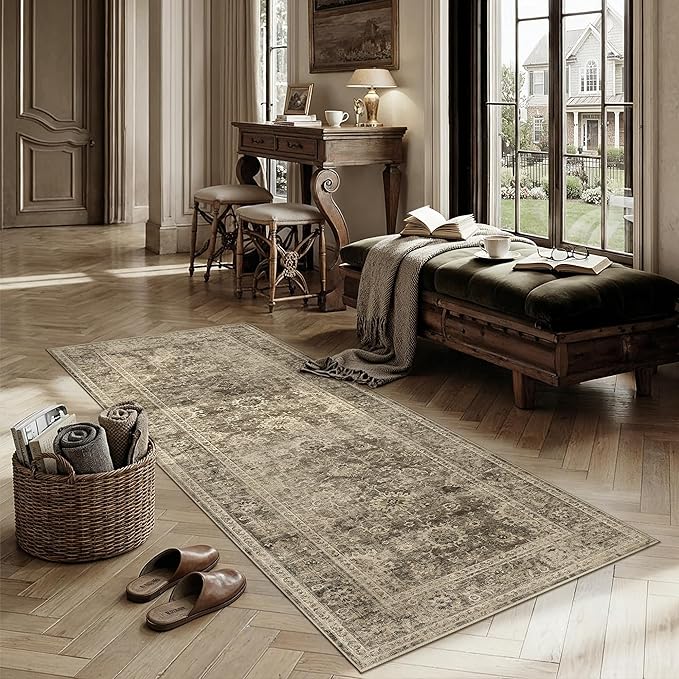 2x6 Washable Runner Rug for Kitchen Hallway Brown Vintage Non-Slip Low Pile Distressed Rustic Carpet Soft Long Throw Rug for Indoor Entryway Bedroom