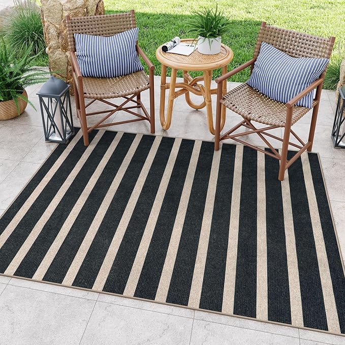 Lahome Elance Striped Easy Jute 5x7 Outdoor Rug, Washable Rugs for Patio Living Room, Farmhouse Neutral Non Slip Non Shedding Black Carpet for Deck Entryway Dining Room Office Porch
