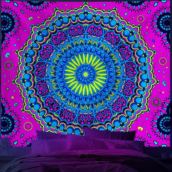 Apdidl Blacklight Trippy Mandala Tapestry for Bedroom, Black Light UV Reactive Posters Wall Hanging Aesthetic, Neon Colorful Hippie Boho Art Decor Tapestries for Living Room Adults 51" X 60"