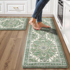 Boho Kitchen Mats for Floor 2 Piece Set Anti Fatigue Cushioned PVC Kitchen Rugs Non Slip Waterproof Farmhouse Mats 2/5 Inch Comfort Standing Mat for Sink, Laundry, 17.3"x47"+17.3"x28", Spring Green