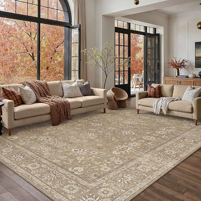 8x10 Area Rug Brown Washable Vintage Carpet Living Room Bedroom Large Non Slip Stain Soft Resistant Low Pile Thin Boho Accent Indoor Throw Rug for Dining Room Office