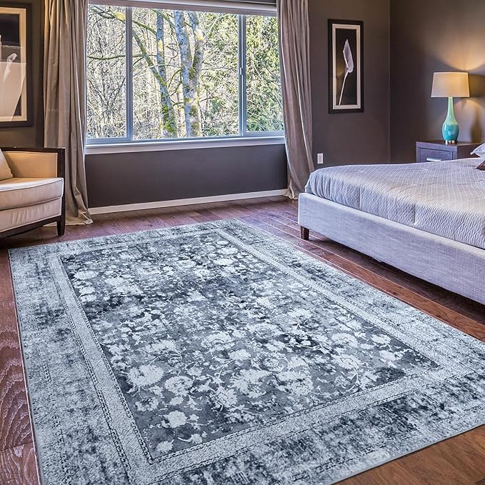 Area Rug 9×12, Large Vintage Boho Rug,Ultra-Soft Low Pile, Washable, Non Slip,Stain Resistant, Printed Carpet for Living Room Bedrooms Playroom Office Kitchen, Stone/Blue