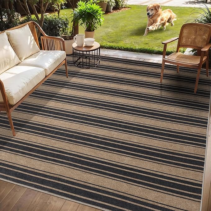 Striped Easy Jute Rug 5x7 Outdoor Patio Rug Washable Rugs for Living Room Bedroom Non Slip Non Shedding Neutral Farmhouse Indoor Outdoor Carpet for Backyard Patio Office