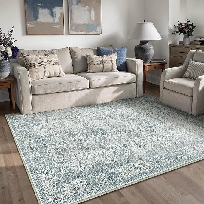 Blue Area Rug 3x5 Washable Office Entryway Carpet Soft Vintage Indoor Kitchen Living Room Door Mat Traditional Retro Distressed Throw Small Rug Bedroom Dining Room Bathroom