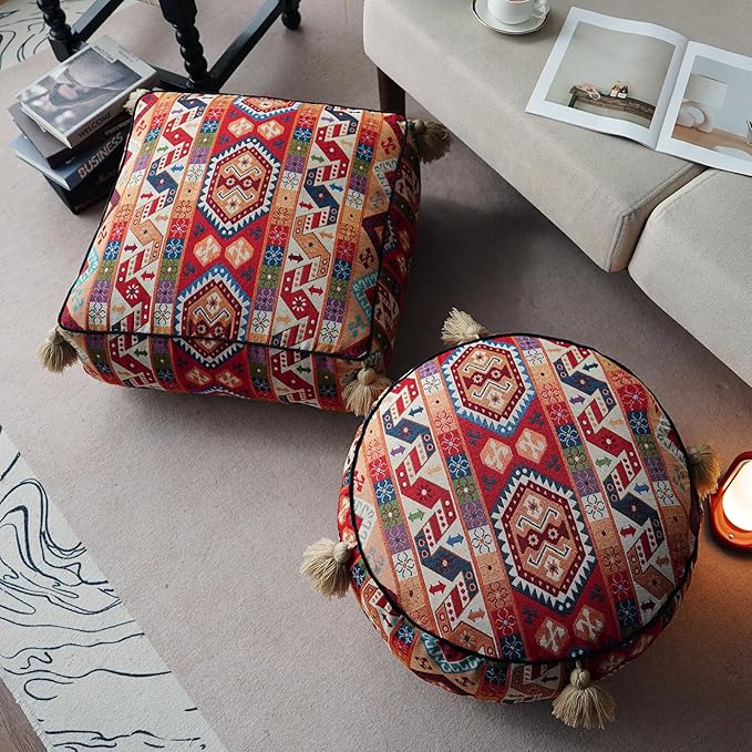 Boho Unstuffed Pouf Cover Ottoman Footrest Indian Mexcian Foot Stool Floor Bean Bag Floor Chair Storage for Living Room Bedroom Decor (Boho Red, Square)