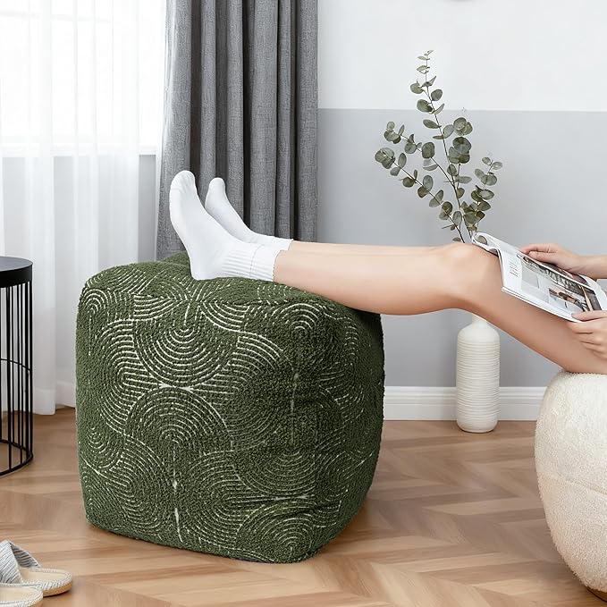 AELS Unstuffed Boho Textured Pouf Cover, Organic Modern Mid Century Rainbow Tufted Storage Bean Bag Cubes, Farmhouse Square Ottoman Pouf Foot Rest Footstool, 18"x18"x18", Cover ONLY, Olive Green