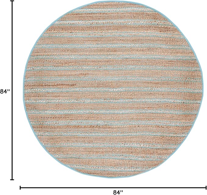 SAFAVIEH Natural Fiber Collection 7' Round Teal/Natural NFB655K Handmade Flat Weave Stripe Jute & Cotton Jute Area Rug