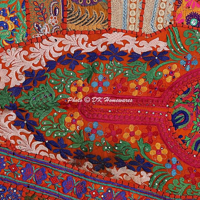 Indian Bohemian Floor Pillow for Kids Orange 28 Inch Patchwork Yoga Pouffe Footstool Home Decor Embroidered Vintage Cotton Round Floor Cushions for Adults 28x28