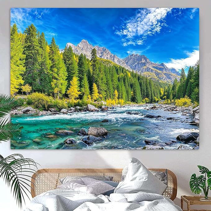 Accnicc Nature Forest Mountain Tapestry Green Pine Tree Wall Tapestry for Bedroom Aesthetic Woods Flowing River Landscape Small Tapestries Wall Hanging for Dorm Living Room Decor 48 x 36 Inch