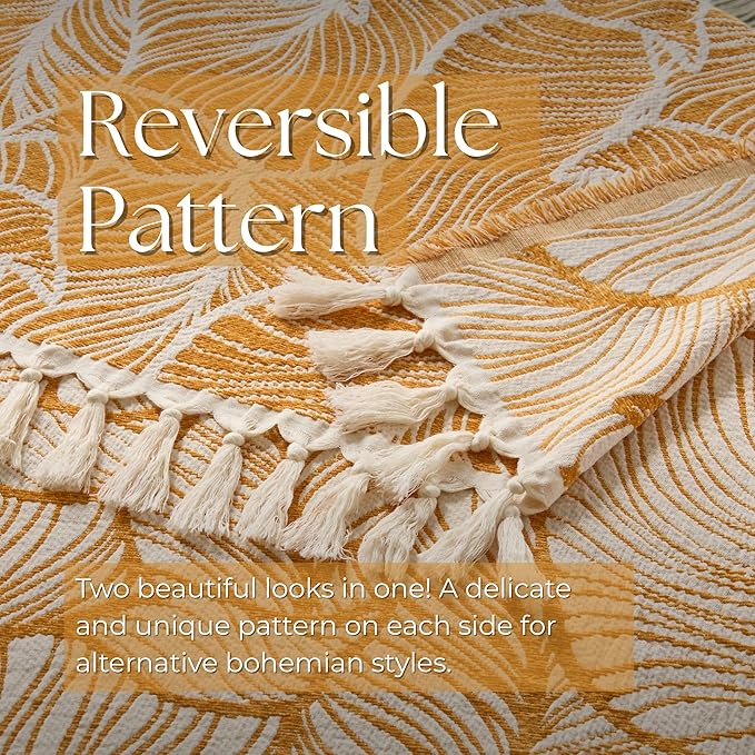 DOWN HOME Chenille Cotton Throw Blanket for Couch, Lightweight Boho Blanket for Bed Sofa Chair Living Room Outdoor Soft Woven Decorative Blanket with Tassel Gift Orange Leaves 50"x70"