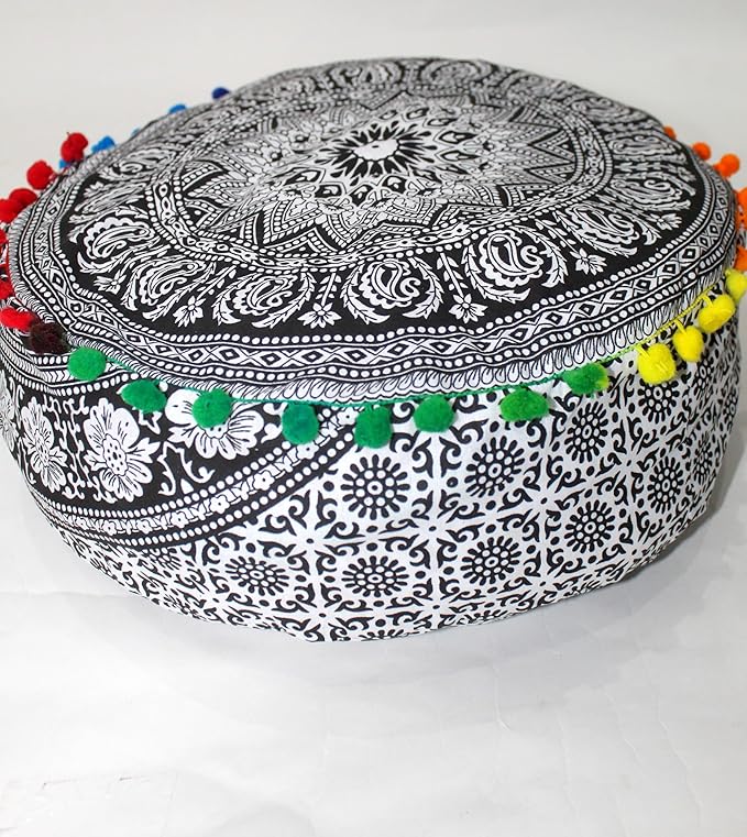 INDIAN CRAFT CASTLE ICC Mandala Barmeri Large Floor Pillow Cover Cushion Meditation Seating Ottoman Throw Cover Hippie Decorative Zipped Bohemian Pouf Ottoman Cases Black Elephant, 24" Round