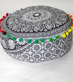 CRAFT KALA Black Elephant Flower Large Hippie Mandala Meditation Floor Ottoman Pillow Cushion Pouf Cover Square Poufs Bohemian Floor Cushion Case Outdoor Fireplace Living Room Decor Cover 16" Round