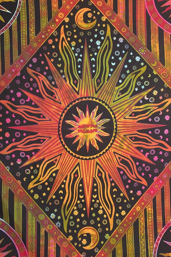 Popular Handicrafts Wall Hanging Tapestry For Bedroom Burning Sun and Moon Hippie Meditation Bohemian Hippy Psychedelic Design Indian Tapestries Bedspread 84 x 90 Inches (215cm x 230cm) Multicolor