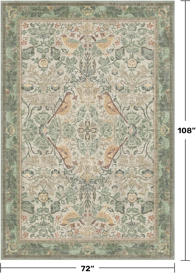 Washable Living Room Rug 6x9 - Sage Floral Nature Area Rugs for Bedroom, Dining Room Kitchen Table Rug for Under Table, Office, Stain Resistant Non-Slip - Sage Green
