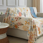 Boho Throw Blanket for Bed 80”x90”, 100% Cotton Woven Blanket for Couch Sofa, Ultra Soft 4-Layer Muslin Quilt with Floral Printed, Farmhouse Bed Blanket/Cover for Living Room Decor