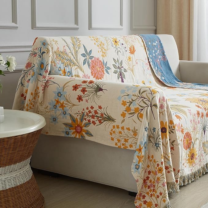Boho Throw Blanket for Bed 90”x98”, 100% Cotton Woven Blanket for Couch Sofa, Ultra Soft 4-Layer Muslin Quilt with Floral Printed, Farmhouse Bed Blanket/Cover for Living Room Decor